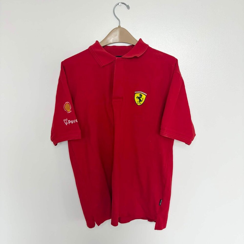Vintage Ferrari Shell V-Power Red Polo Shirt Medium Short Sleeve Embroidered